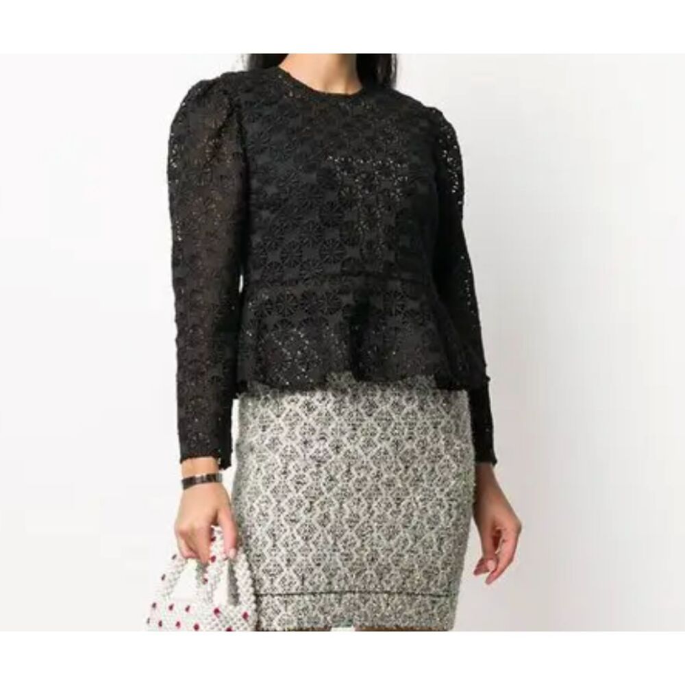 SANDRO Lace Peplum Blouse Black Sz 2 (US M)